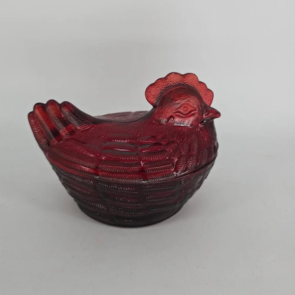 Vintage Cracker Barrel Red Glass Hen on Nest Covered Candy Dish